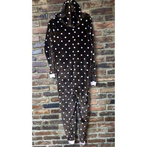 Forever 21 Bear Animal Polka Dot Brown White Plush One Piece Pajamas Size Large - Picture 5 of 7